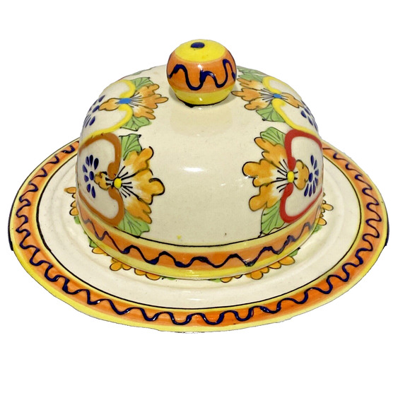 Unique Mexican Art Pottery Covered Dish Cheese Keeper Multicolor Mexico Folk Art - Picture 11 of 11